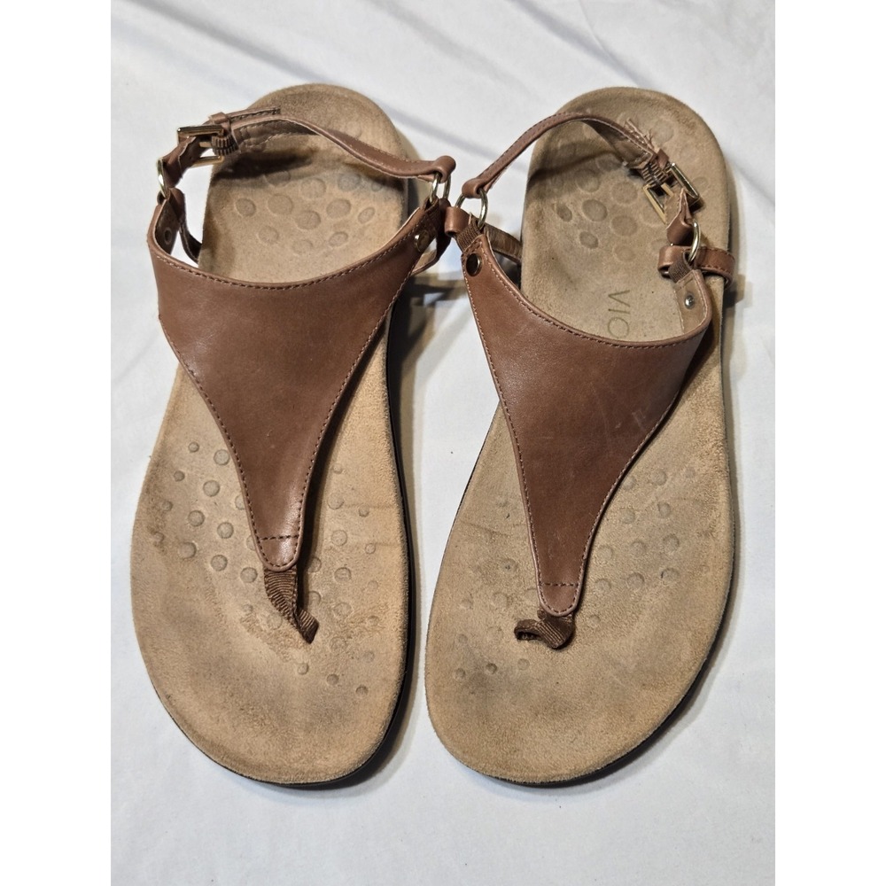 Vionic Kirra Brown Leather T-Strap Thong Sandals Size 9.5 Orthotic Comfort